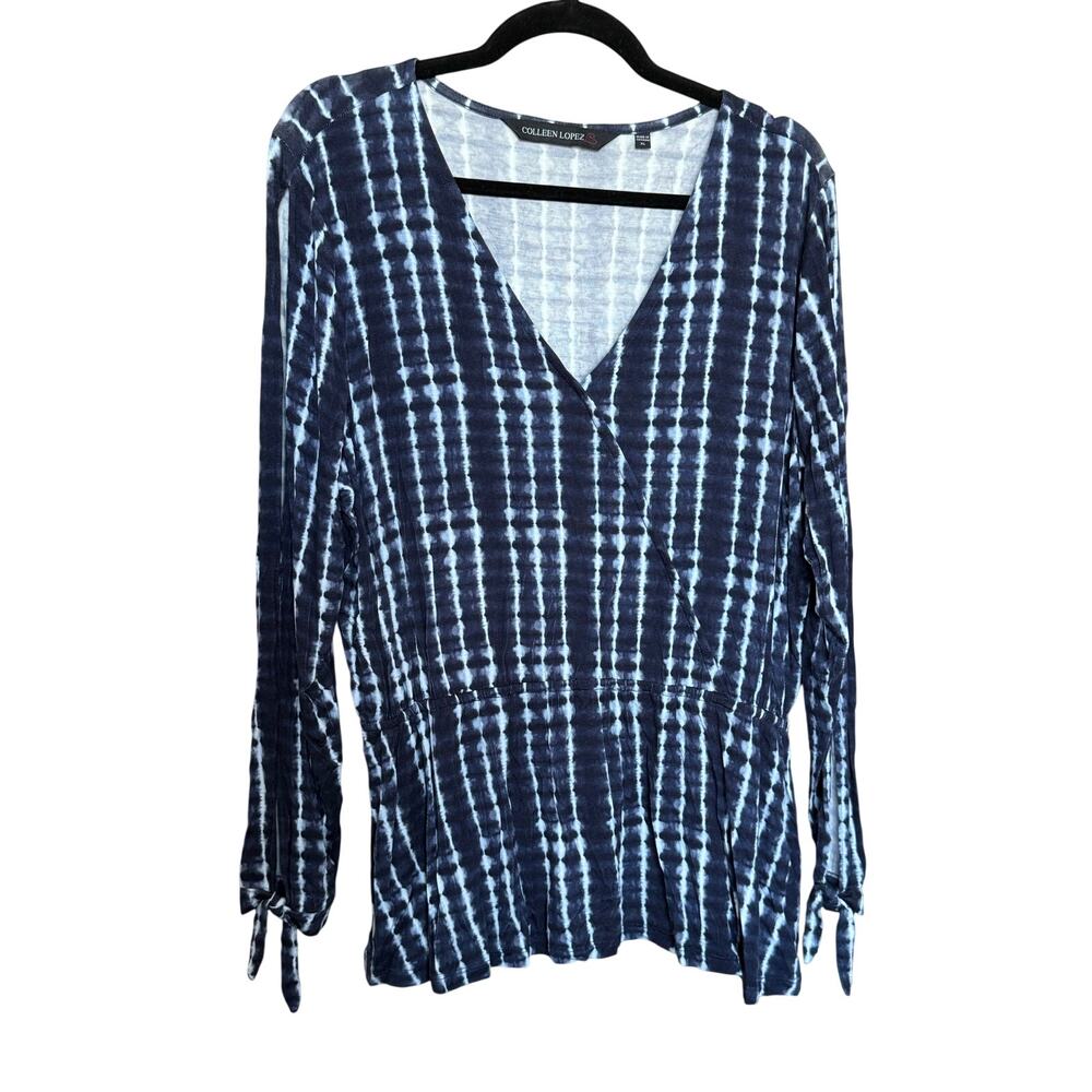 Colleen Lopez Blue White Tie Dye Peplum Top XL NWOT